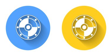 Beyaz Yuvarlak Kalkan simgesi uzun gölge arkaplanı ile izole edildi. Güvenlik, güvenlik, koruma, mahremiyet, koruma kavramı. Çember düğmesi. Vektör