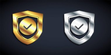 Siyah arka planda işaretleme simgesi olan altın ve gümüş kalkanlar. Koruma sembolü. Güvenlik kontrolü Simge. Kene izi onaylı simge. Uzun gölge tarzı. Vektör