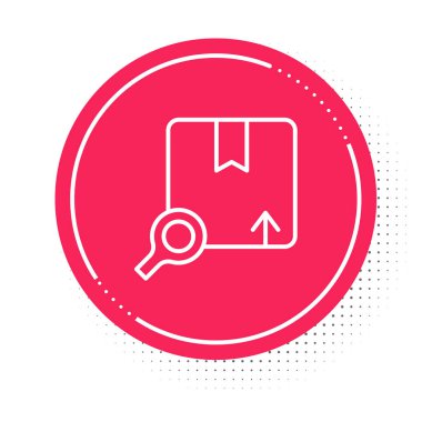 Beyaz çizgi Arama paket simgesi beyaz arkaplanda izole edildi. Paket izleme sembolü. Büyüteç ve karton kutu. Lojistik ve teslimat. Kırmızı daire düğmesi. Vektör