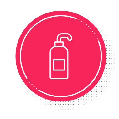 Beyaz arkaplanda izole edilmiş şeker ikonu olan sıvı antibakteriyel sabun. Antiseptik. Dezenfeksiyon, hijyen, cilt bakımı. Kırmızı daire düğmesi. Vektör