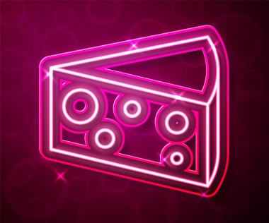 Parlayan neon çizgili peynir simgesi kırmızı arkaplanda izole edildi. Vektör