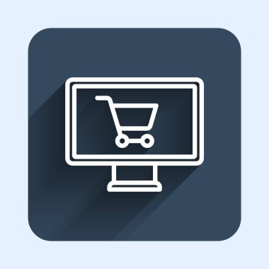 Beyaz çizgi alışveriş arabası uzun gölge arkaplan izole monitör ikonunda. Konsept e-ticaret, e-ticaret, online iş pazarlama. Mavi kare düğme. Vektör