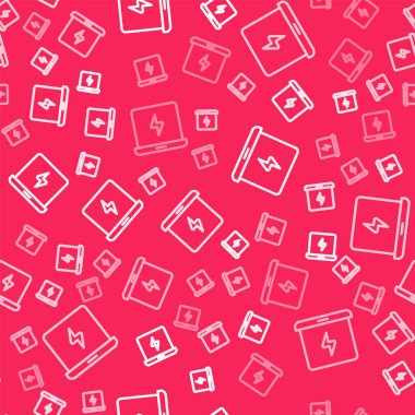 Kırmızı arkaplanda beyaz çizgi dizüstü bilgisayar simgesi izole edildi. Boş ekran işaretli bilgisayar defteri. Vektör