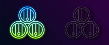 Parlayan neon hattı ahşap varil ikonu siyah arka planda izole edildi. Alkol fıçısı, içki kabı, bira için tahta fıçı, viski, şarap. Vektör