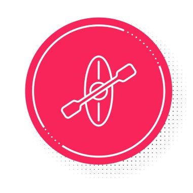 Beyaz çizgi kano ve kürek simgesi beyaz arkaplanda izole edildi. Balıkçılık ve turizm için kano. Açık hava aktiviteleri. Kırmızı daire düğmesi. Vektör