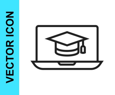 Ekran dizüstü bilgisayarındaki siyah çizgi mezuniyet başlığı beyaz arkaplanda izole edilmiş. Çevrimiçi öğrenme ya da e-öğrenme kavramı. Vektör