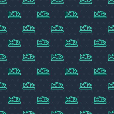 Yeşil çizgi, mavi arka planda izole edilmiş bir tabak ikonunda balık servis ediyordu. Vektör