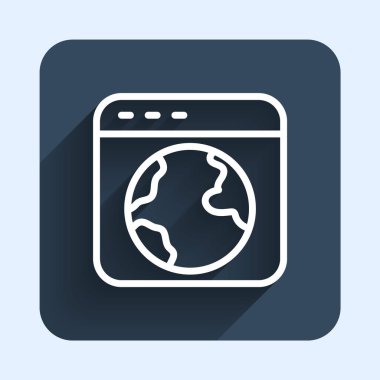 Beyaz çizgi dünya çapında uzun gölge arkaplanı olan izole edilmiş bir simge. Yerküreye iğnele. Mavi kare düğme. Vektör