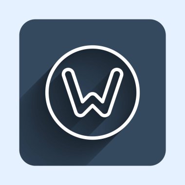 Beyaz çizgi Pusula kuzey simgesi uzun gölge arkaplan izole. Rüzgâr yön bulma sembolü. Rüzgar gül işareti. Mavi kare düğme. Vektör