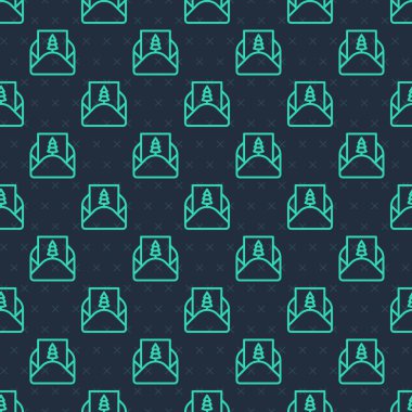 Yeşil Hat Zarfı, üzerinde noel partisi davetiye kartı simgesi olan mavi arka planda kusursuz desen izole edildi. Mutlu Noeller ve mutlu yıllar. Vektör