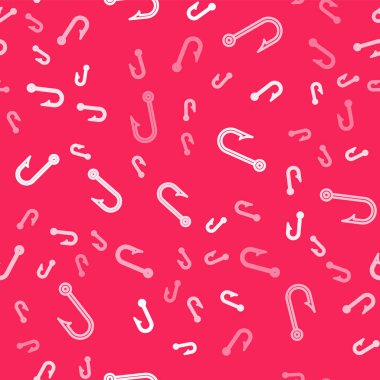 Beyaz çizgili olta kancası simgesi kırmızı zeminde izole edilmiş. Balık oltası. Vektör