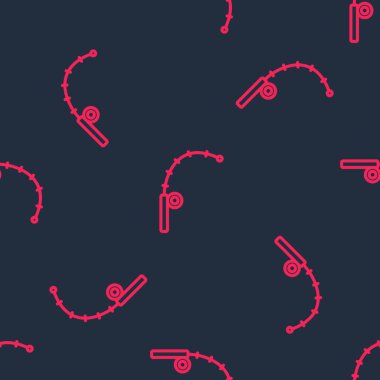 Kırmızı çizgi balıkçı çubuğu simgesi siyah arkaplanda izole edilmiş. Büyük bir balık yakala. Balıkçılık ekipmanları ve balık çiftliği konuları. Vektör