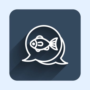 Beyaz çizgi Balık simgesi uzun gölge arkaplan izole. Mavi kare düğme. Vektör