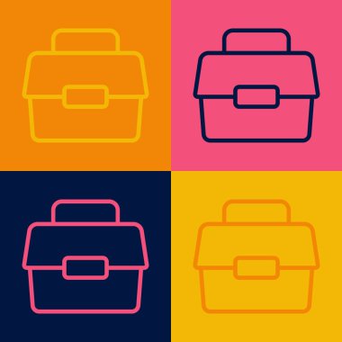 Popüler sanat eseri kutusu ya da sallanan kutu kutusu ve renkli arka planda izole edilmiş balıkçılık ekipmanları ikonu. Balık oltası. Vektör