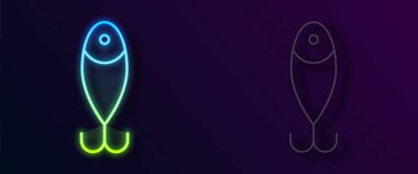 Parlayan neon hattı. Balıkçı yemi simgesi siyah arkaplanda izole edildi. Balık oltası. Vektör