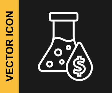 Beyaz çizgi petrol test tüpü simgesi siyah arkaplanda izole edildi. Komiklik şişesi ve düşen damla. Vektör