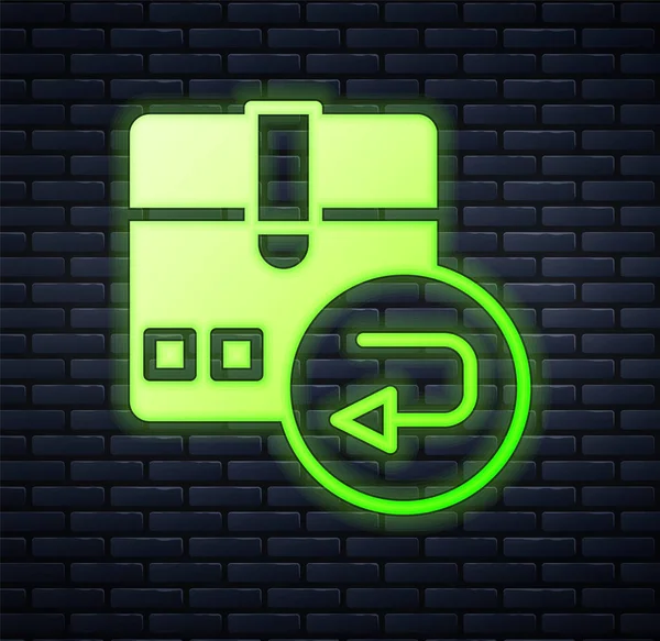 Glowing neon Return cardboard box icon isolated on brick wall background. Box, package, parcel sign. Delivery and packaging. Vector — Stock vektor