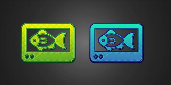 Зеленый и синий иконки Fish finder выделяются на черном фоне. Электронное оборудование для рыбалки. Вектор — стоковый вектор