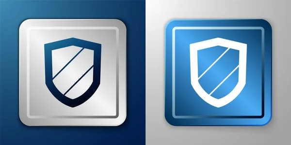 Значок "Белый щит" выделен на синем и сером фоне. Знак охранника. Безопасность, безопасность, защита, концепция конфиденциальности. Серебряно-голубая квадратная кнопка. Вектор — стоковый вектор