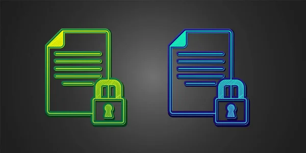 绿色和蓝色文档和锁定图标隔离在黑色背景.文件格式和挂锁。安保、安全、保护概念。B.病媒 — 图库矢量图片