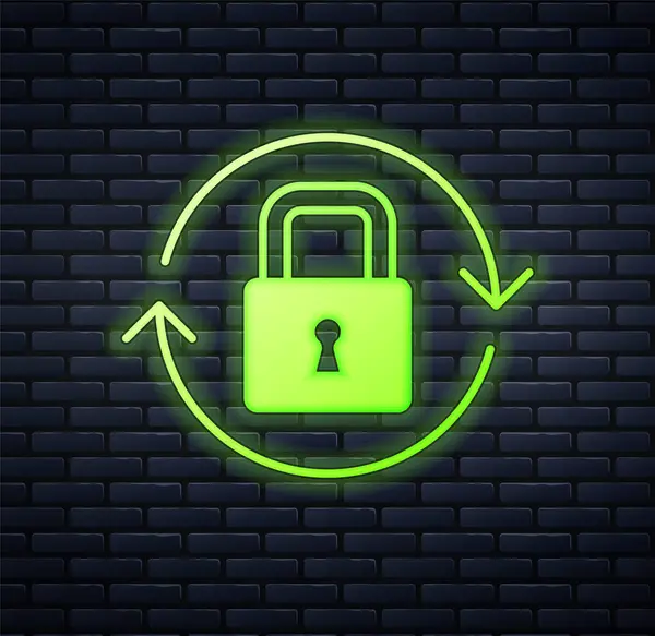 Leuchtende Neon Lock Symbol isoliert auf Backsteinwand Hintergrund. Vorhängeschloss. Sicherheit, Sicherheit, Schutz, Privatsphäre. Vektor — Stockvektor