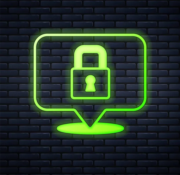 Leuchtende Neon Lock Symbol isoliert auf Backsteinwand Hintergrund. Vorhängeschloss. Sicherheit, Sicherheit, Schutz, Privatsphäre. Vektor — Stockvektor
