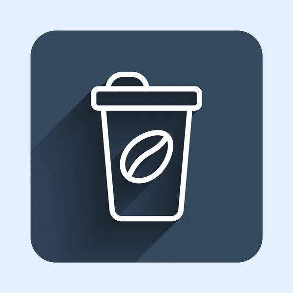 Linha branca xícara de café para ir ícone isolado com fundo de sombra longa. Botão quadrado azul. Vetor — Vetor de Stock