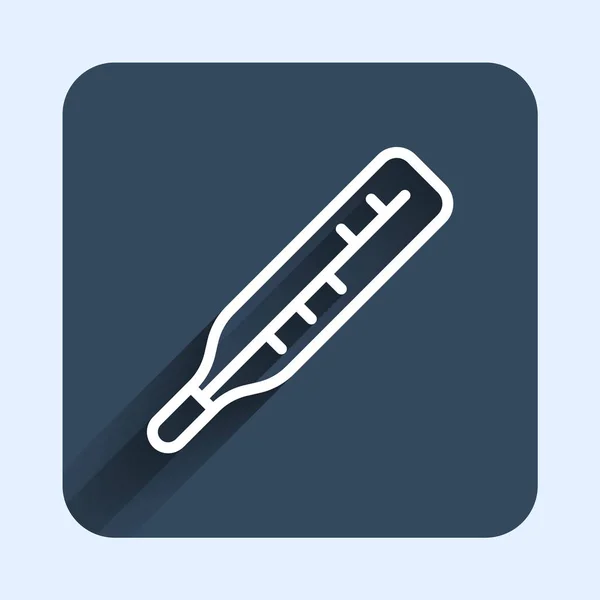 Linha branca Termômetro médico para ícone de exame médico isolado com fundo de sombra longa. Botão quadrado azul. Vetor — Vetor de Stock