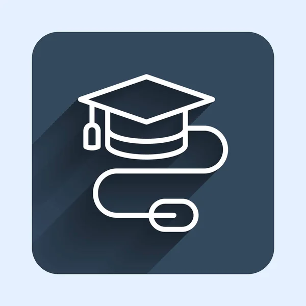 White line Graduation cap with mouse icon isolated with long shadow background. World education symbol. Online learning or e-learning concept. Blue square button. Vector — 图库矢量图片