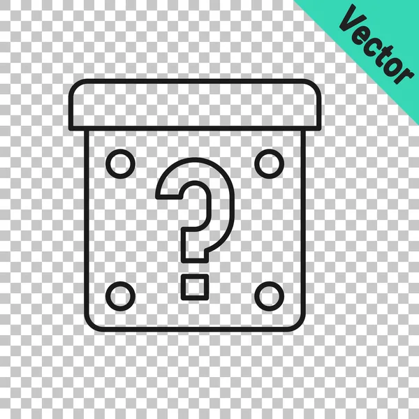Black line Mystery box or random loot box for games icon isolated on transparent background. Question mark. Unknown surprise box. Vector — Stock Vector