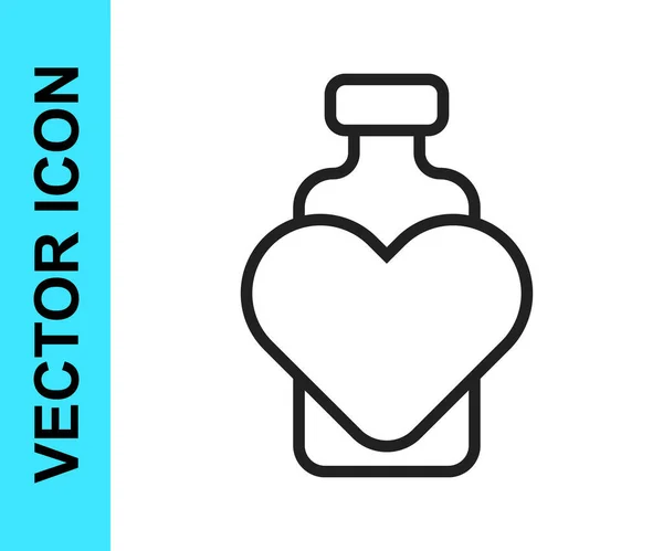 Ligne noire Bouteille avec icône de potion d'amour isolé sur fond blanc. Symbole de la Saint Valentin. Vecteur — Image vectorielle
