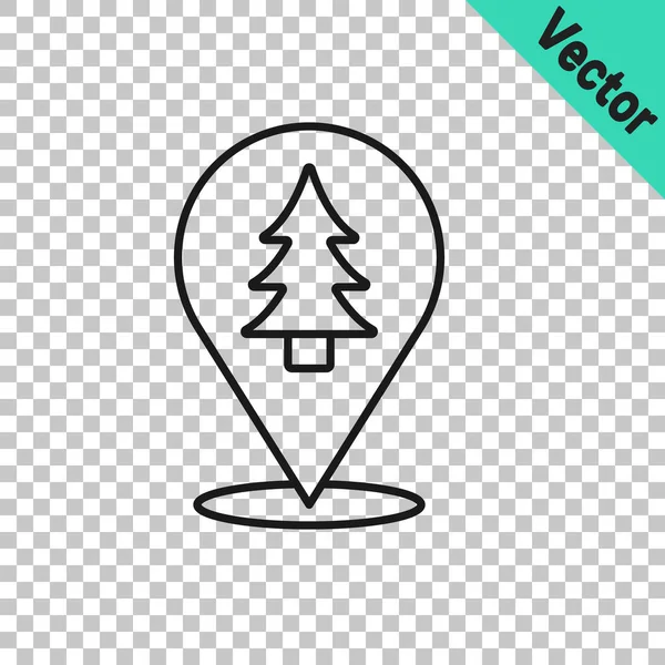 Black line Location of the forest on a map icon isolated on transparent background. Vector — Vetor de Stock