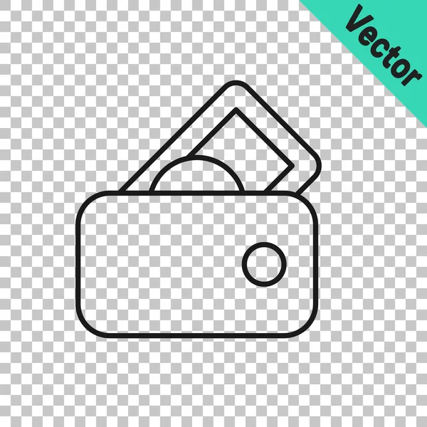 Monedero de línea negra con icono de dinero aislado sobre fondo transparente. Icono del bolso. Símbolo de ahorro. Vector — Vector de stock