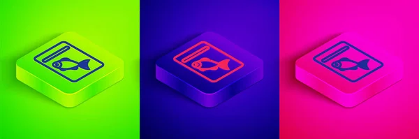 Isometric line Served fish on plate icon isolated on green, blue and pink background. Square button. Vector — 图库矢量图片