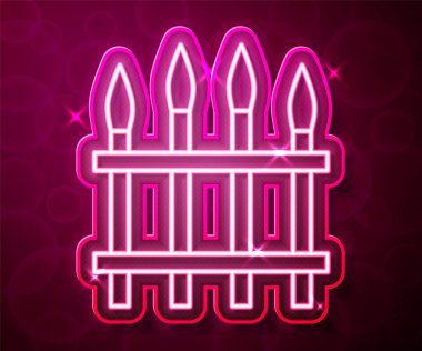 Kırmızı zemin üzerinde metal sütun simgesi olan parlak neon çizgisi klasik demir çit. Antik demirden çitler. Vektör