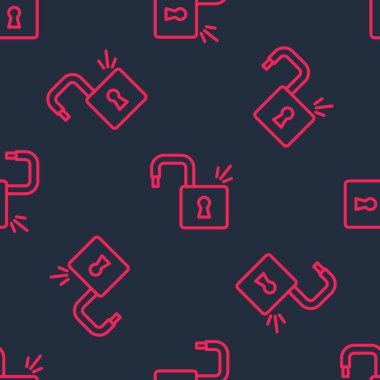 Kırmızı çizgi Açık asma kilit simgesi siyah arkaplanda izole edilmiş. Kilit açık işareti. Siber güvenlik kavramı. Dijital veri koruması. Vektör