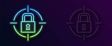 Parlayan neon çizgi simgesi siyah arkaplanda izole edildi. Asma kilit işareti. Güvenlik, güvenlik, koruma, gizlilik kavramı. Vektör