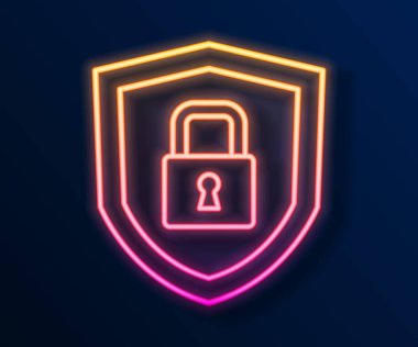 Siyah arka planda kilit simgesi izole edilmiş parlak neon hat kalkan güvenliği. Koruma, güvenlik, şifre güvenliği. Güvenlik duvarı gizlilik levhası. Vektör