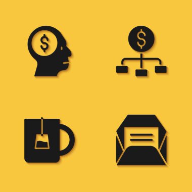 Set Business Man planlama, Zarafet, bir fincan çay ve uzun gölgeli dolar ikonu ile hiyerarşi. Vektör