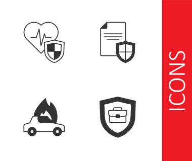 Çantanın içinde kalkan, hayat sigortası, yanan araba ve sözleşme simgesi olsun. Vektör