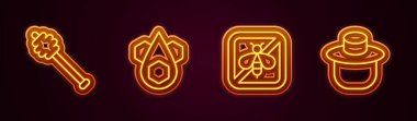 Çizgiyi Bal Kovanı Çubuğu, Bal peteği, Korumalı Arı ve Arıcı 'yı Durdur. Parlayan neon ikonu. Vektör