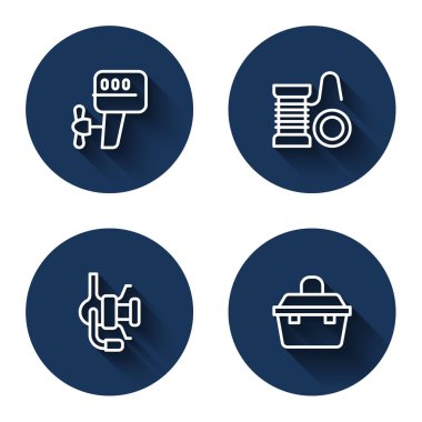 Dış tekne motorunu, balık tutmak için makarayı ve uzun gölgeli kasa ekipmanını ayarla. Mavi daire düğmesi. Vektör