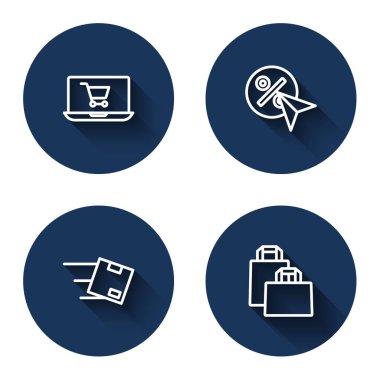 Ekran dizüstü bilgisayarında alışveriş arabası, indirimli yüzde etiketi, karton kutulu konum ve uzun gölgeli kağıt alışveriş çantası. Mavi daire düğmesi. Vektör