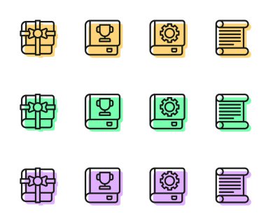 Satır Kullanıcı Kılavuzunu, Kitap 'ı hediye olarak ayarla, ve Karar, parşömen, parşömen simgesi. Vektör