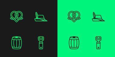 Şişe açacağı, tahta fıçı, Pretzel ve Oktoberfest şapka ikonu. Vektör