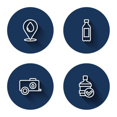 Hattı su birikintisine çevirin, bir şişe su, mobil tank ve uzun gölgeli büyük şişe. Mavi daire düğmesi. Vektör