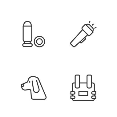 Kurşun geçirmez yelek, av köpeği ve el feneri ikonu. Vektör