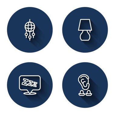 Tüylü Rüya Avcısı, masa lambası, Uykucu ve Kulak tıkacı ve uzun gölgeli kulak. Mavi daire düğmesi. Vektör