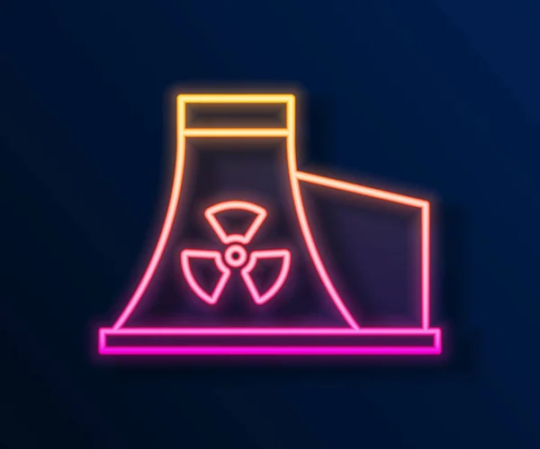 Linea neon incandescente Icona della centrale nucleare isolata su sfondo nero. Concetto industriale energetico. Vettore — Vettoriale Stock