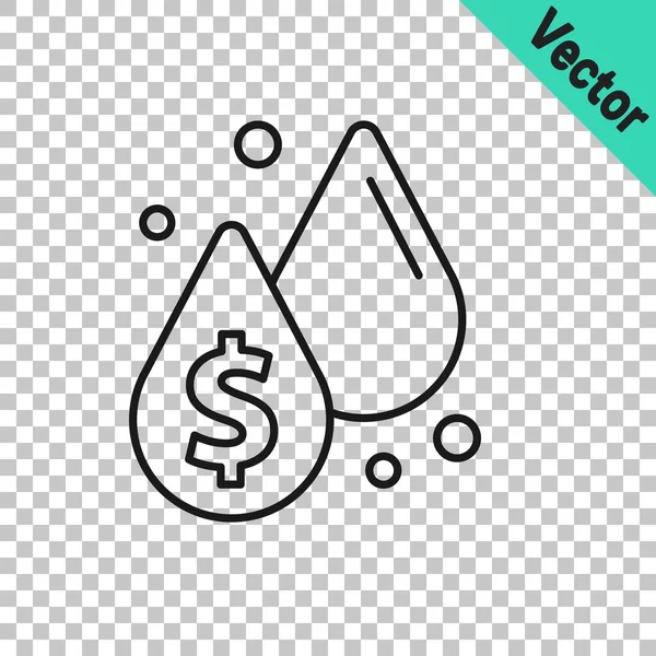 Schwarze Linie Öltropfen mit Dollarsymbol auf transparentem Hintergrund. Ölpreis. Öl- und Ölindustrie. Vektor — Stockvektor